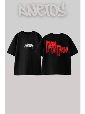 Anetos Dandadan Tasarım Sırt Baskılı Pamuk Siyah Oversize T-Shirt