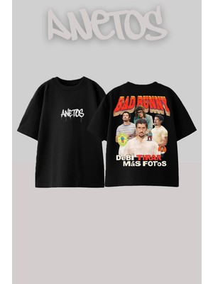 Anetos Bad Bunny 14 Tasarım Sırt Baskılı Pamuk Siyah Oversize T-Shirt
