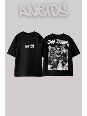 Anetos Bad Bunny 8 Tasarım Sırt Baskılı Pamuk Siyah Oversize T-Shirt
