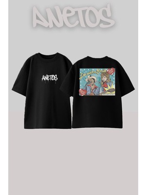 Anetos Diewitha Smile Tasarım Sırt Baskılı Pamuk Siyah Oversize T-Shirt