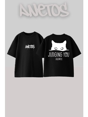 Anetos Judgıng You Tasarım Sırt Baskılı Pamuk Siyah Oversize T-Shirt