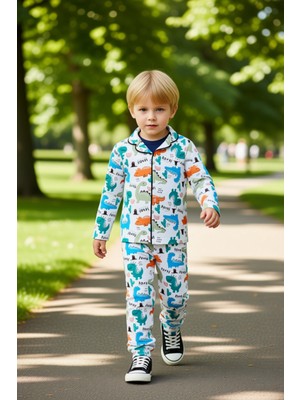 PayBuy Dinozor Desenli Erkek Çocuk Uzun Kollu Pijama Takımı Kaliteli Şık Rahat  Günlük