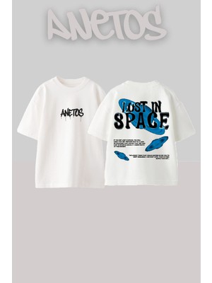 Anetos Space Tasarım Sırt Baskılı Pamuk Beyaz Oversize T-Shirt