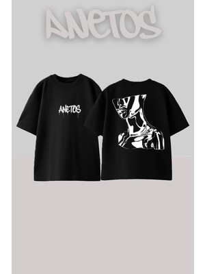 Anetos Gümüş Insan Tasarım Sırt Baskılı Pamuk Siyah Oversize T-Shirt