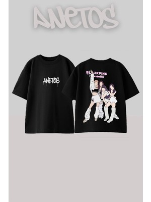 Anetos Black Pink 1 Tasarım Sırt Baskılı Pamuk Siyah Oversize T-Shirt