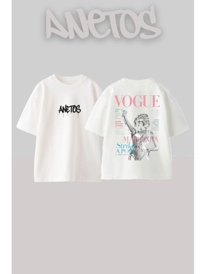Anetos Madonna 8 Tasarım Sırt Baskılı Pamuk Beyaz Oversize T-Shirt