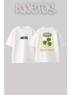 Anetos Good Luck Tasarım Sırt Baskılı Pamuk Beyaz Oversize T-Shirt