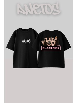 Anetos Black Pink 5 Tasarım Sırt Baskılı Pamuk Siyah Oversize T-Shirt