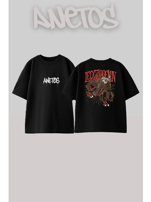 Anetos LED Zeppelin 12 Tasarım Sırt Baskılı Pamuk Siyah Oversize T-Shirt