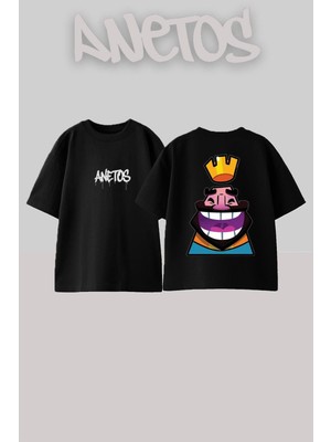 Anetos Kral Tasarım Sırt Baskılı Pamuk Siyah Oversize T-Shirt