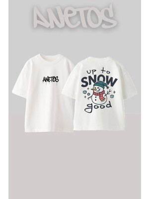 Anetos Snow 2 Tasarım Sırt Baskılı Pamuk Beyaz Oversize T-Shirt