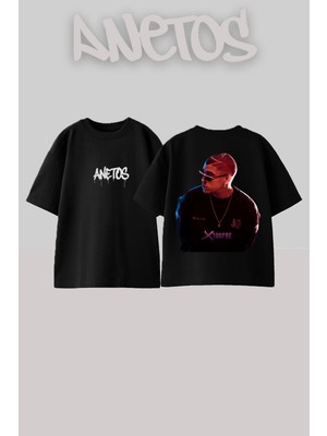 Anetos Bad Bunny 20 Tasarım Sırt Baskılı Pamuk Siyah Oversize T-Shirt