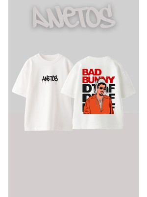Anetos Bad Bunny 4 Tasarım Sırt Baskılı Pamuk Beyaz Oversize T-Shirt