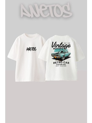 Anetos Vıntage Car Tasarım Sırt Baskılı Pamuk Beyaz Oversize T-Shirt