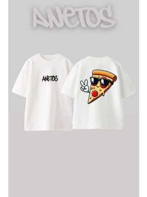 Anetos Cool Pizza Tasarım Sırt Baskılı Pamuk Beyaz Oversize T-Shirt