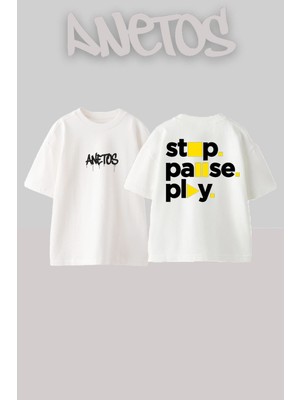 Anetos Stop Pause Play Tasarım Sırt Baskılı Pamuk Beyaz Oversize T-Shirt
