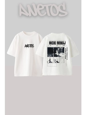 Anetos Nicki Minaj 3 Tasarım Sırt Baskılı Pamuk Beyaz Oversize T-Shirt