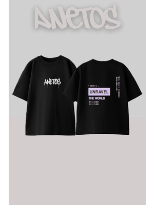 Anetos Unravel Tasarım Sırt Baskılı Pamuk Siyah Oversize T-Shirt