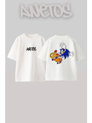Anetos Sonic Tasarım Sırt Baskılı Pamuk Beyaz Oversize T-Shirt