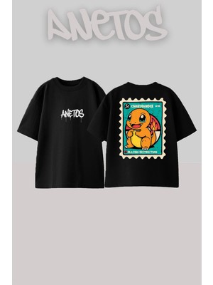 Anetos Pokemon 1 Tasarım Sırt Baskılı Pamuk Siyah Oversize T-Shirt