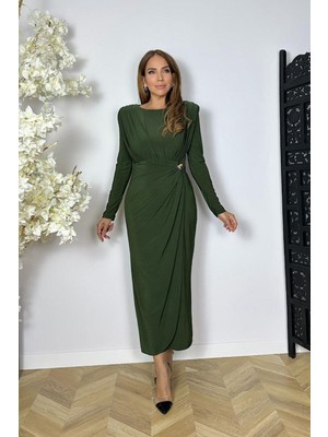 G1562 Drape ve Broş Detaylı Elbise Haki