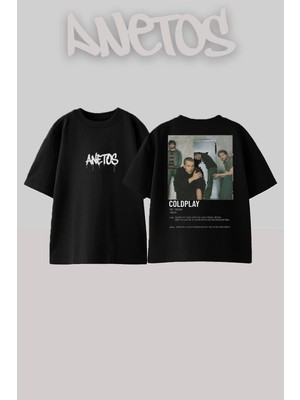 Anetos Coldplay 5 Tasarım Sırt Baskılı Pamuk Siyah Oversize T-Shirt