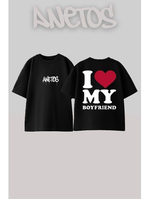 Anetos I Love Boyfrıends Tasarım Sırt Baskılı Pamuk Siyah Oversize T-Shirt