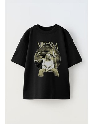 Anetos Nırvana 1 Baskılı Ünisex Pamuk Siyah Oversize T Shirt