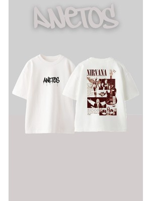 Anetos Nirvana Post 1 Tasarım Sırt Baskılı Pamuk Beyaz Oversize T-Shirt