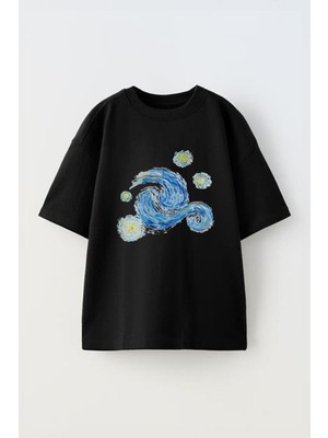 Anetos Van Gogh 1 Baskılı Ünisex Pamuk Siyah Oversize T Shirt