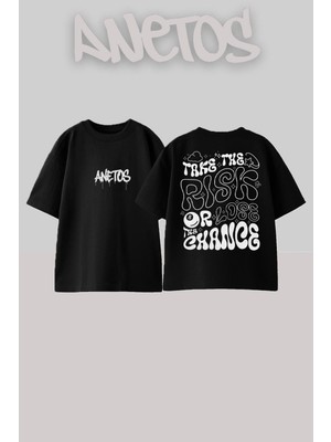 Anetos Take The Risk Tasarım Sırt Baskılı Pamuk Siyah Oversize T-Shirt