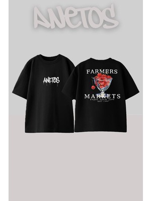 Anetos Farmers Markets Tasarım Sırt Baskılı Pamuk Siyah Oversize T-Shirt