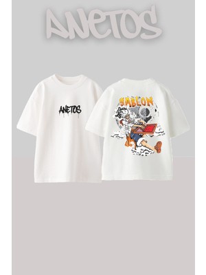 Anetos Sablon Tasarım Sırt Baskılı Pamuk Beyaz Oversize T-Shirt