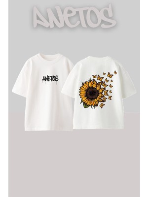 Anetos Aycıcegı 6 Tasarım Sırt Baskılı Pamuk Beyaz Oversize T-Shirt