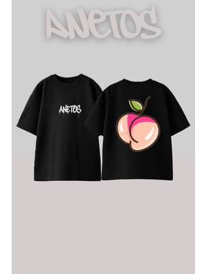 Anetos Bıkınılı Seftalı Tasarım Sırt Baskılı Pamuk Siyah Oversize T-Shirt