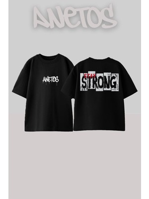 Anetos Strong 1 Tasarım Sırt Baskılı Pamuk Siyah Oversize T-Shirt