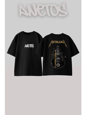 Anetos Metallica 23 Tasarım Sırt Baskılı Pamuk Siyah Oversize T-Shirt