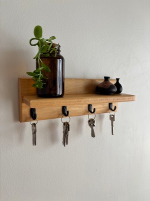 Marghe Ahşap Raf & Anahtar Askılığı – Pinterest Design, Duvara Monte, 4 Kancalı, 30×10 cm
