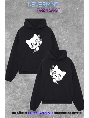 Nevermind Kombini - Kedi Desenli Sevgili Kombini 2'li Oversize Unisex Kapüşonlu Sweatshirt Seti