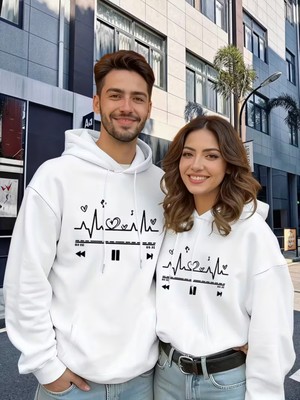 Nevermind Kalp Nabız Müzik Baskılı Pamuk Sevgili Kombini 2'li Kapüşonlu Sweatshirt Seti