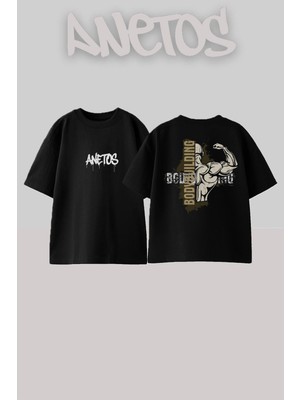 Anetos Gym 4 Tasarım Sırt Baskılı Pamuk Siyah Oversize T-Shirt