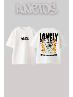 Anetos Lonely Tasarım Sırt Baskılı Pamuk Beyaz Oversize T-Shirt