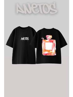 Anetos Parfum Tasarım Sırt Baskılı Pamuk Siyah Oversize T-Shirt