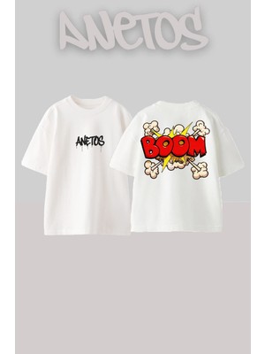 Anetos Boooom Tasarım Sırt Baskılı Pamuk Beyaz Oversize T-Shirt
