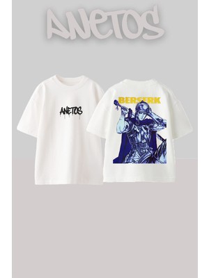 Anetos Berserk 6 Tasarım Sırt Baskılı Pamuk Beyaz Oversize T-Shirt