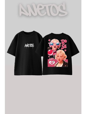 Anetos Blackpink Rose 7 Tasarım Sırt Baskılı Pamuk Siyah Oversize T-Shirt