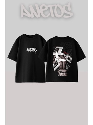 Anetos 2 Pac 7 Tasarım Sırt Baskılı Pamuk Siyah Oversize T-Shirt