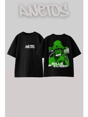 Anetos Billie Eilish 3 Tasarım Sırt Baskılı Pamuk Siyah Oversize T-Shirt
