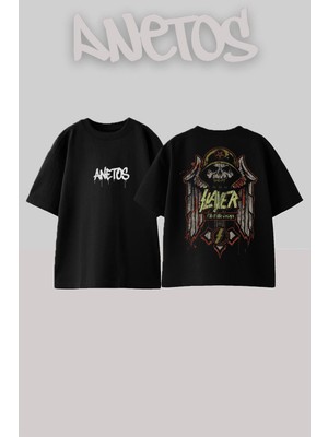 Anetos Slayer 6 Tasarım Sırt Baskılı Pamuk Siyah Oversize T-Shirt