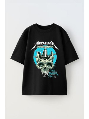 Anetos Metallica 2 Baskılı Ünisex Pamuk Siyah Oversize T Shirt